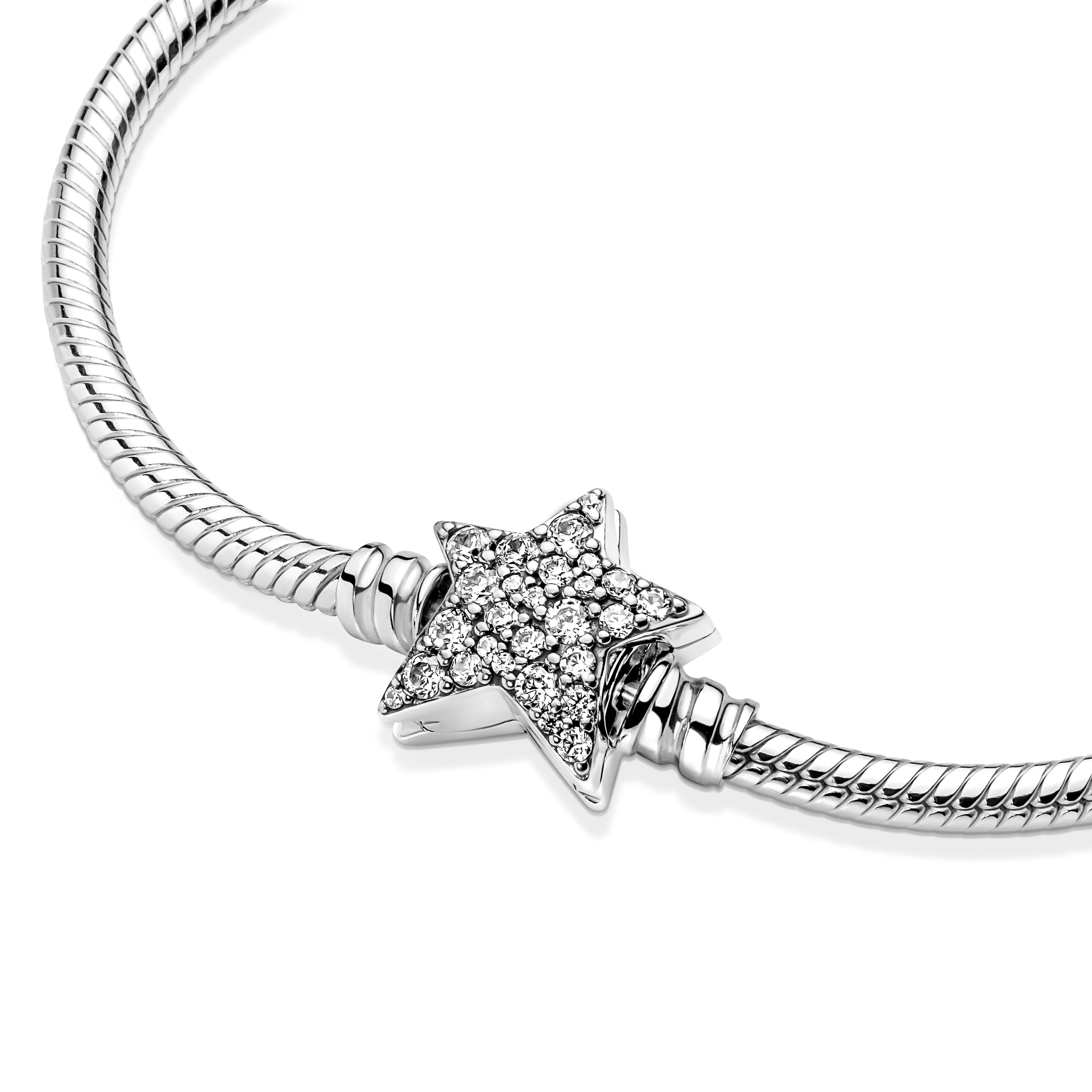 Snake Chain Sterling Silver Bracelet With Star Clasp And Clear Cubic Zirconia - Image 4