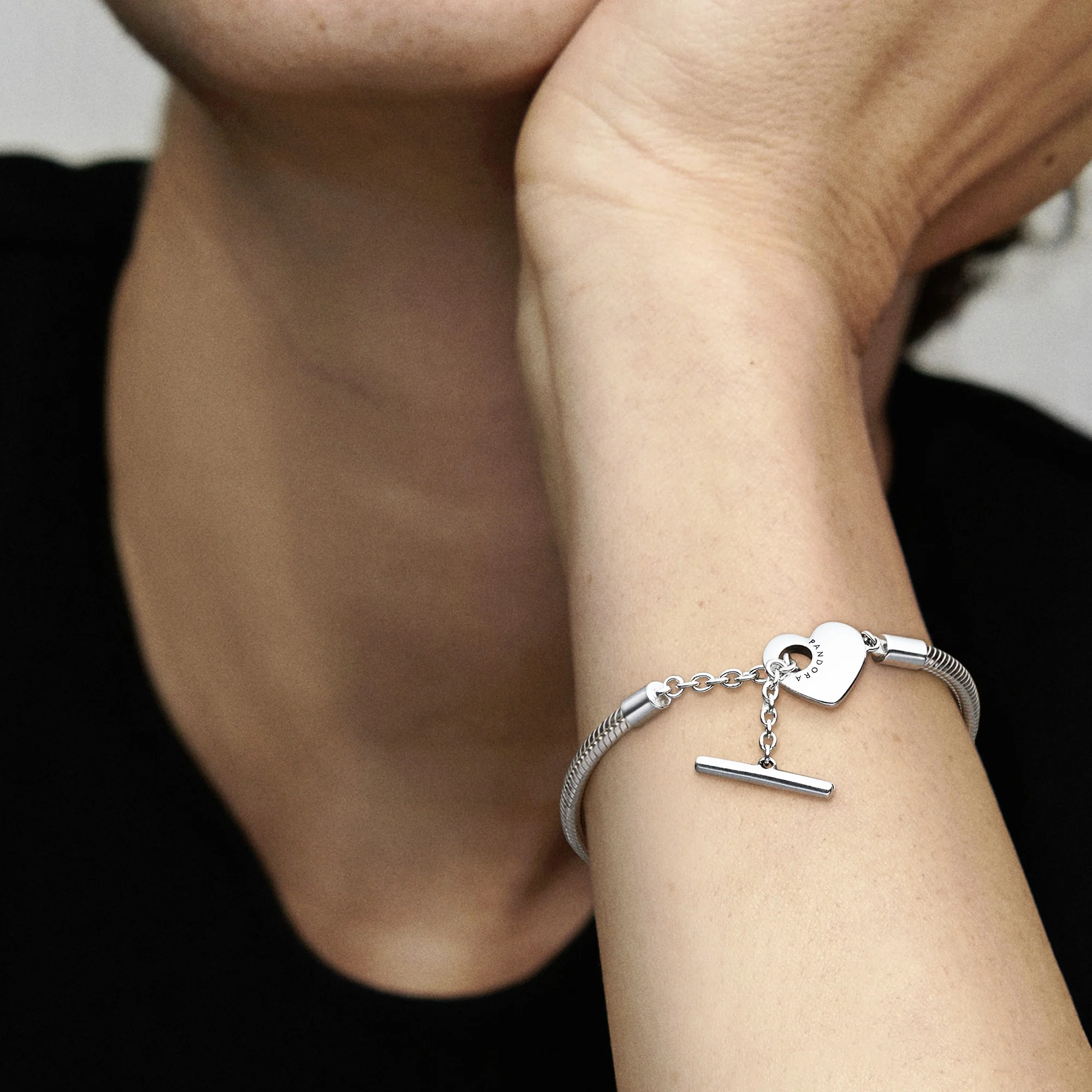 Snake Chain Sterling Silver T-Bar Heart Bracelet - Image 2