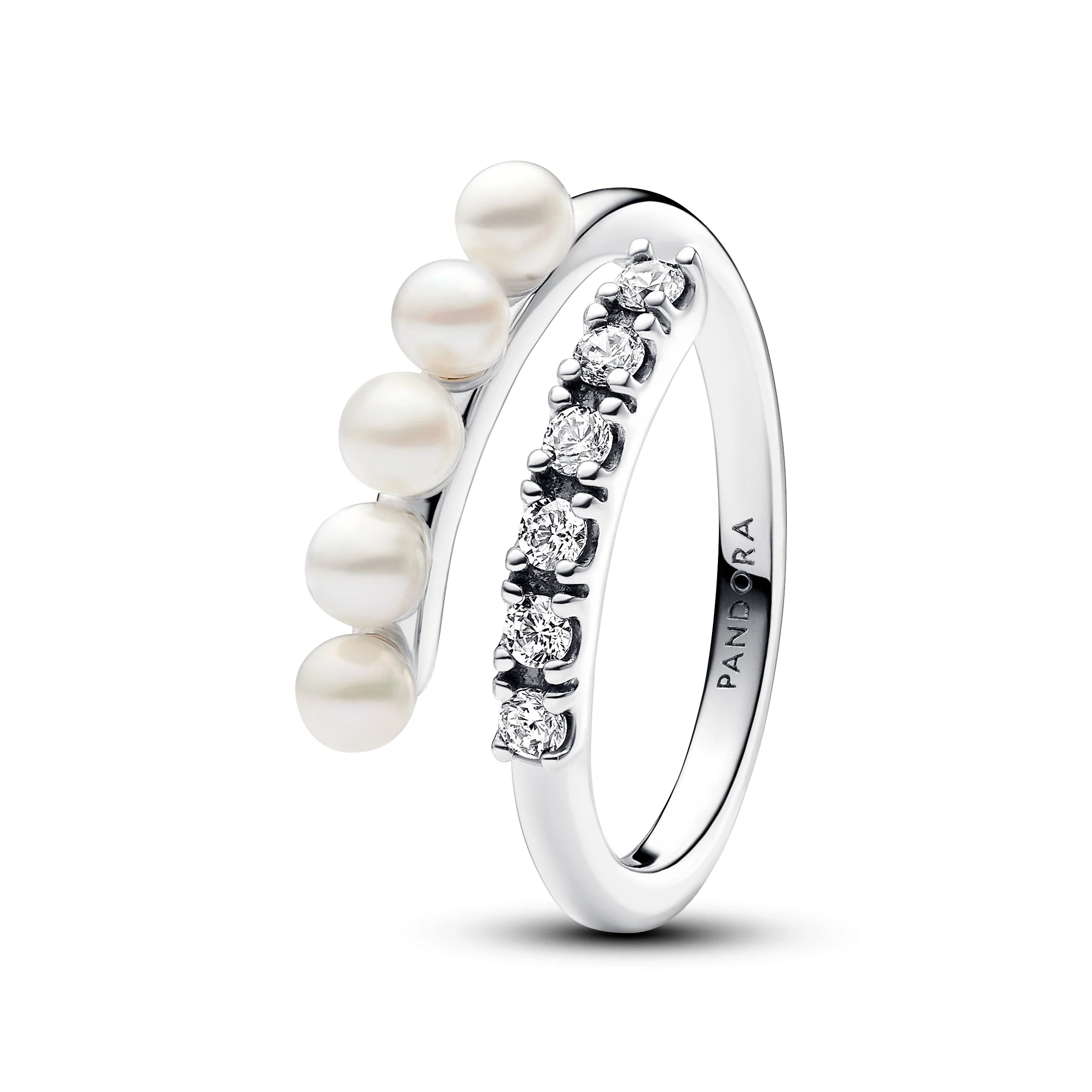 Sterling Silver Open Ring With White Treated Freshwater Cultured Pearl And Clear Cubic Zirconia - Image 2