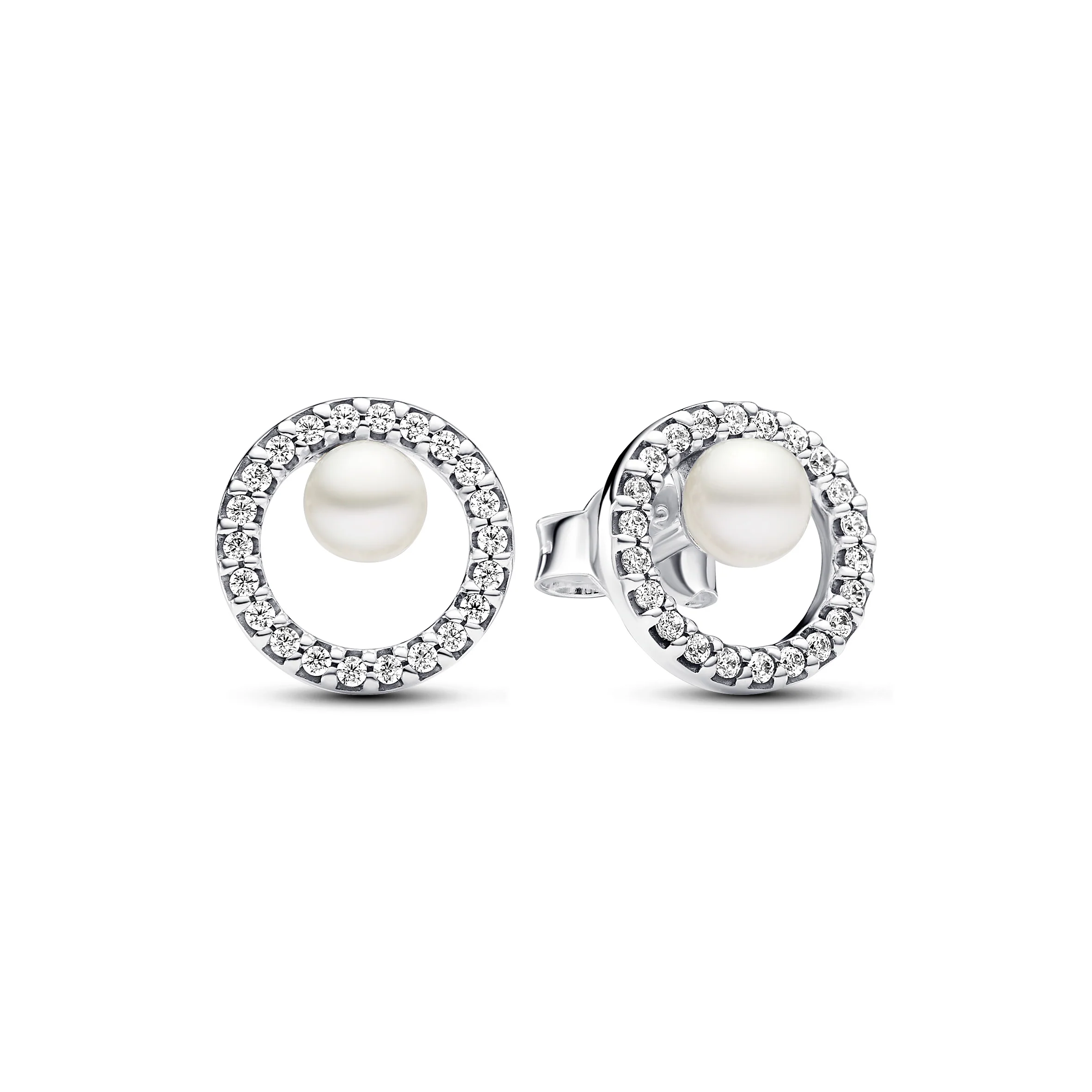 Sterling Silver Stud Earrings With White Treated Freshwater Cultured Pearl And Clear Cubic Zirconia