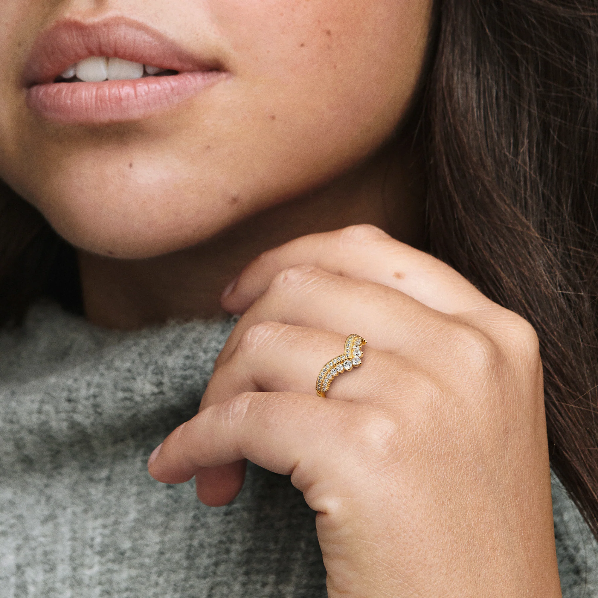 Tiara Wishbone 14K Gold-Plated Ring With Clear Cubic Zirconia - Image 2