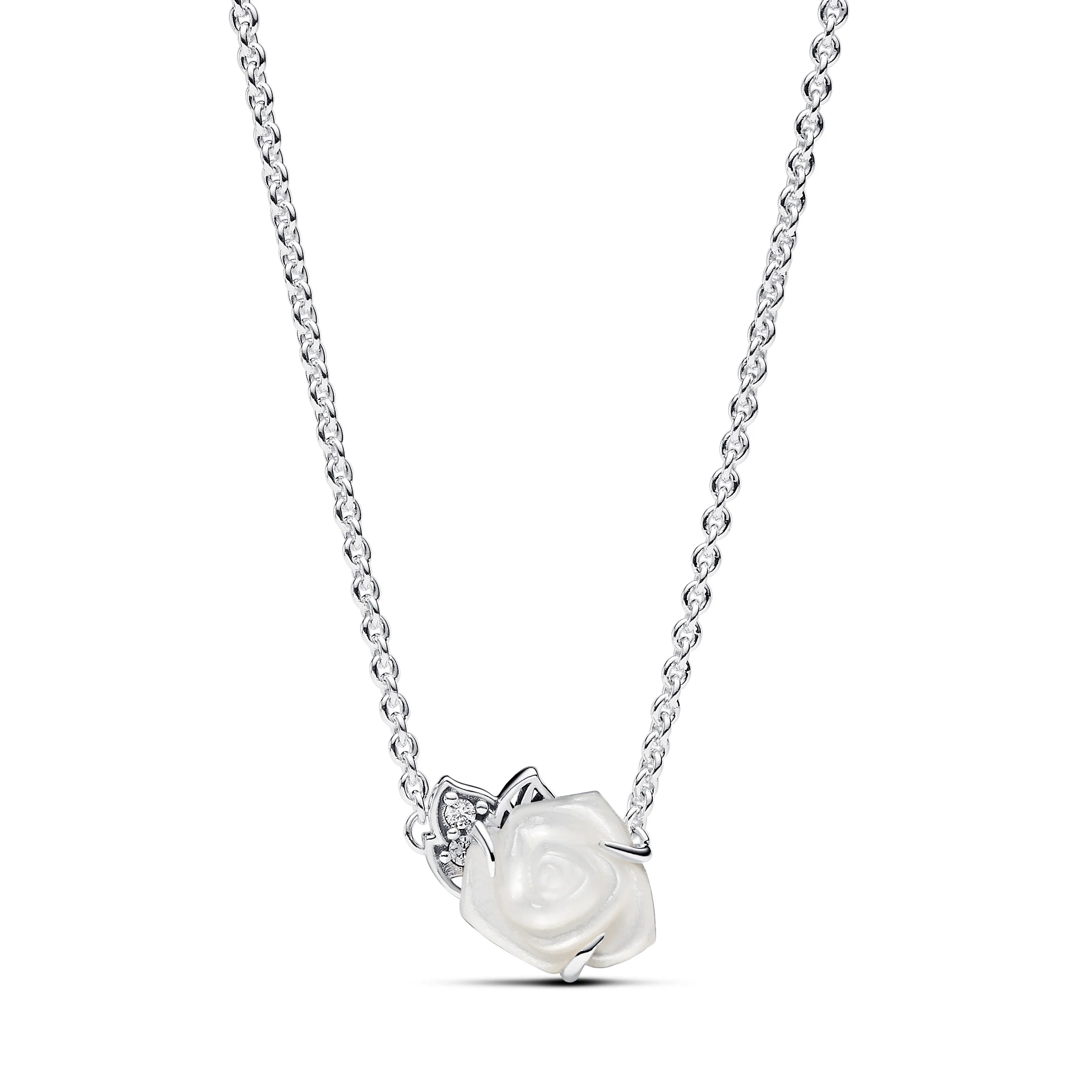 White Rose Sterling Silver Collier With White Bioresin Man-Made Mother Of Pearl And Clear Cubic Zirconia