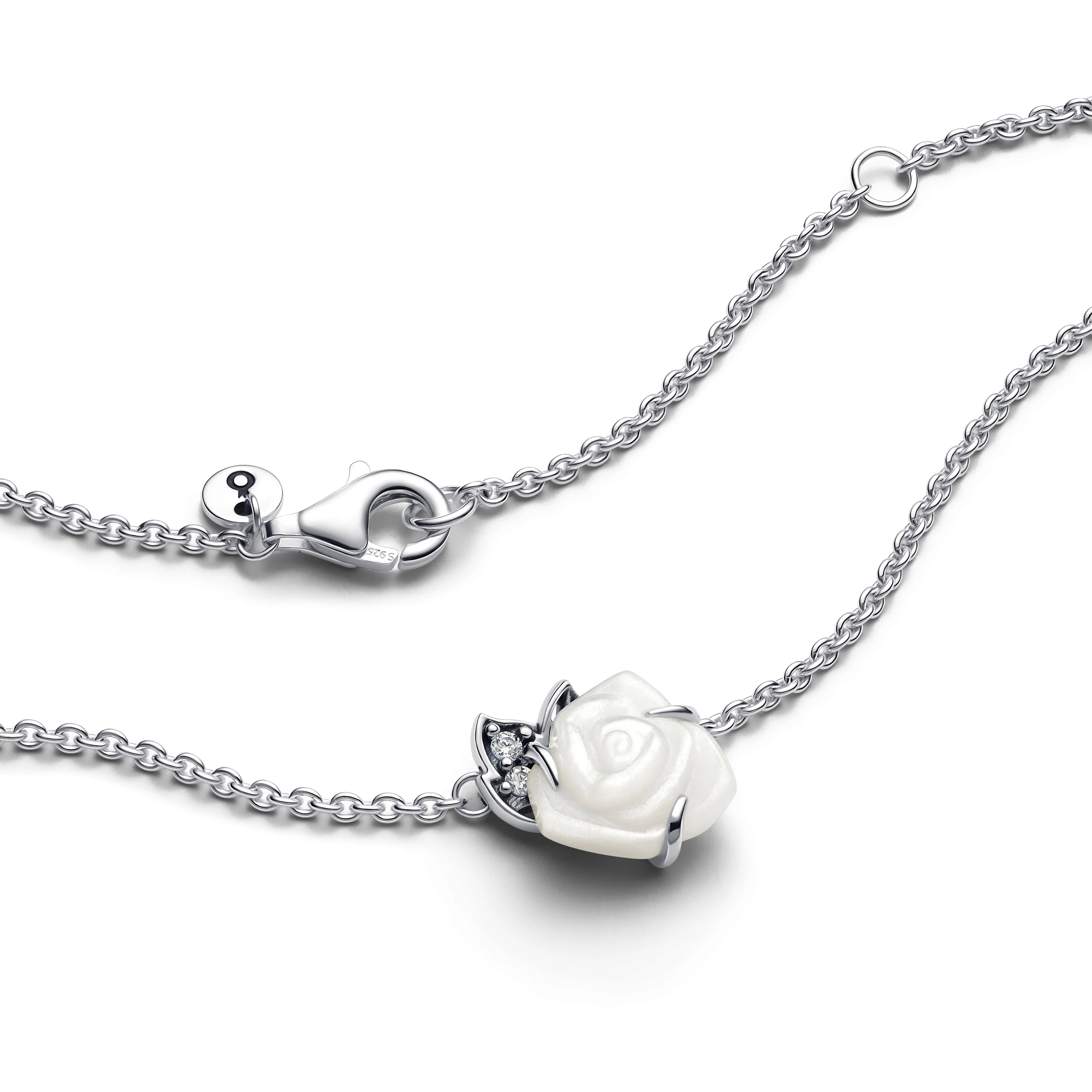 White Rose Sterling Silver Collier With White Bioresin Man-Made Mother Of Pearl And Clear Cubic Zirconia - Image 4